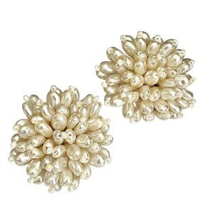 Vintage Faux White Pearl Clip On Earrings Beaded Cluster Gold Tone 70s Taiwan